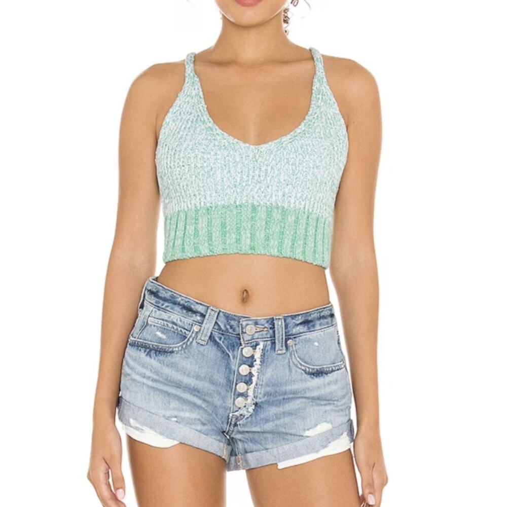 NWOT Free People Here All Day Brami Knit Top Medium Blue White